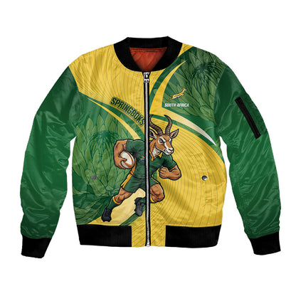 South Africa Rugby Custom Sleeve Zip Bomber Jacket Come On Springboks Mascot Sporty Style