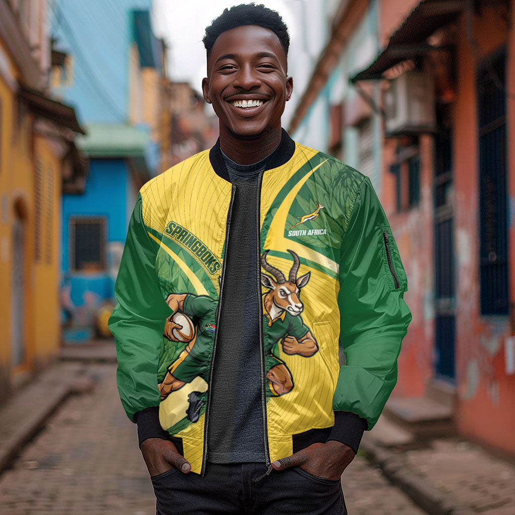 South Africa Rugby Custom Sleeve Zip Bomber Jacket Come On Springboks Mascot Sporty Style