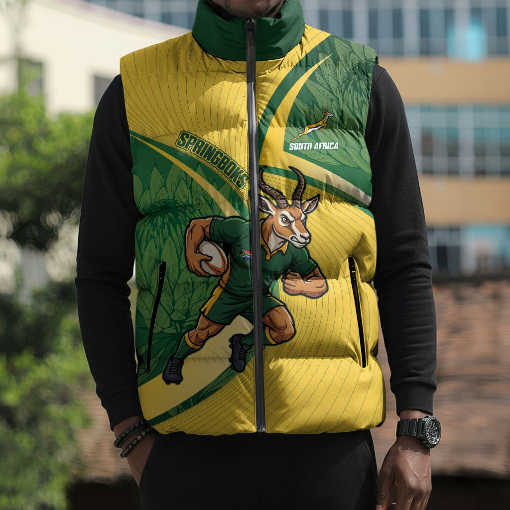 South Africa Rugby Custom Sleeveless Puffer Jacket Come On Springboks Mascot Sporty Style