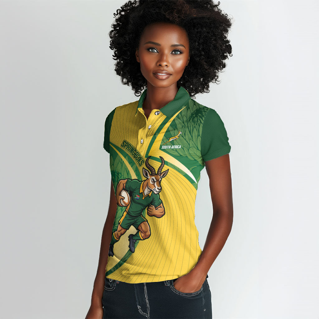 South Africa Rugby Custom Women Polo Shirt Come On Springboks Mascot Sporty Style