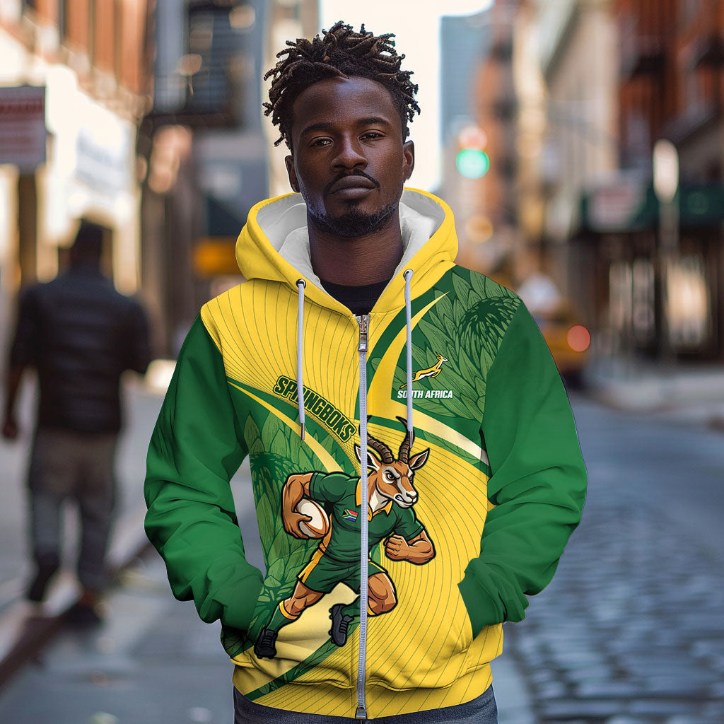 South Africa Rugby Custom Zip Hoodie Come On Springboks Mascot Sporty Style