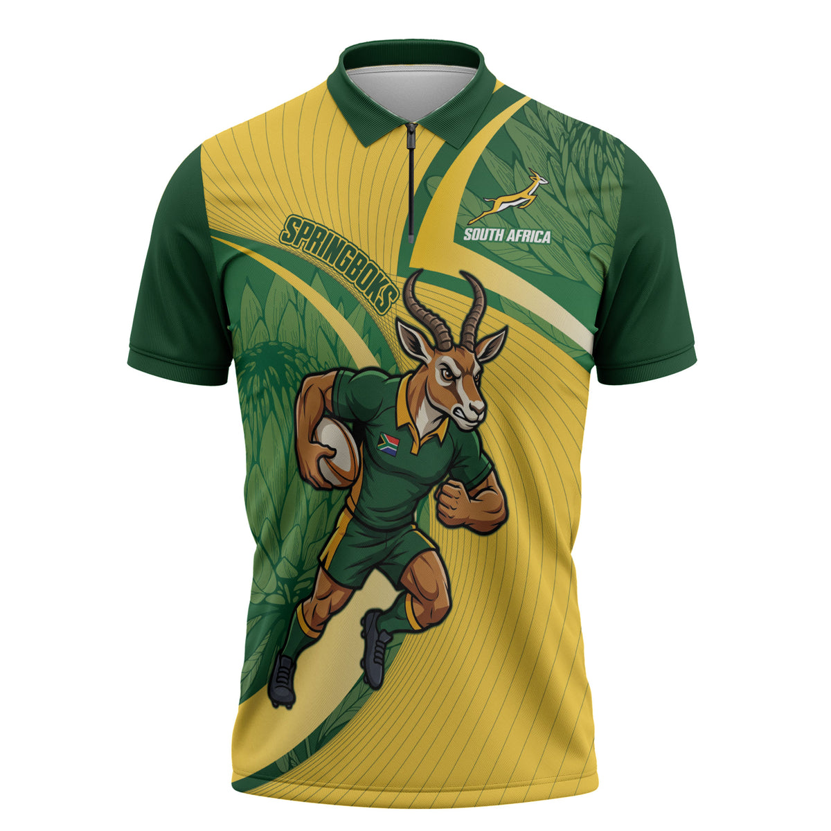 South Africa Rugby Custom Zipper Polo Shirt Come On Springboks Mascot Sporty Style