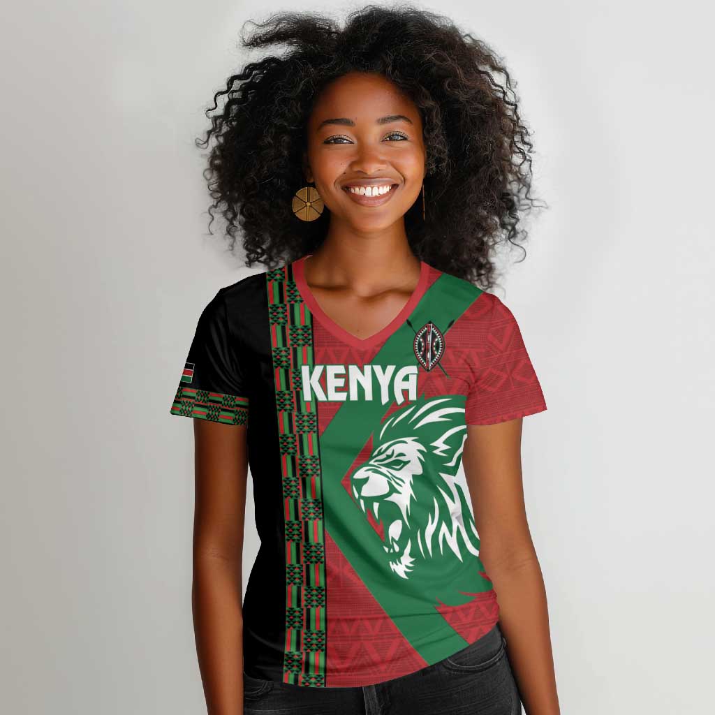 Afro Kenya Rugby Custom Women V-Neck T-Shirt Go Lionesses - African Pattern