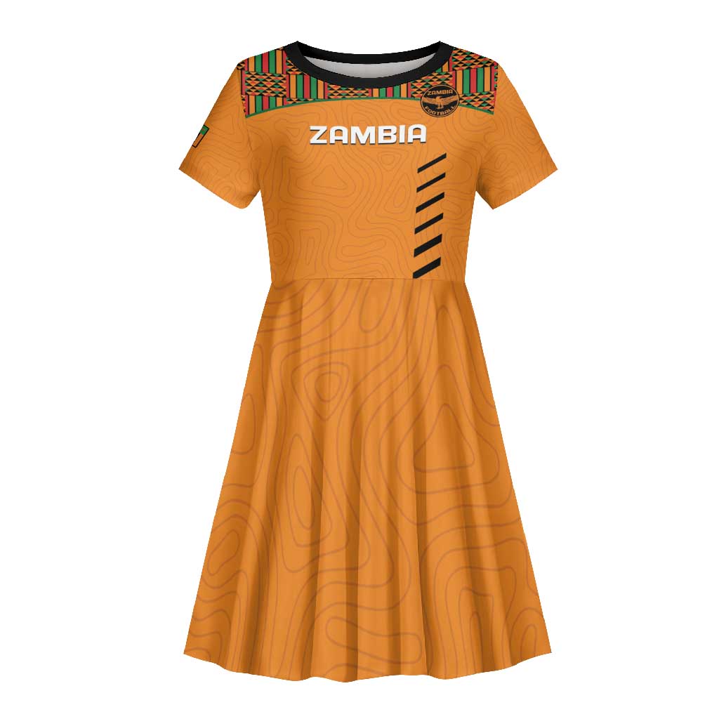 Custom Zambia Football Kid Short Sleeve Dress Copper Queens Kente Pattern