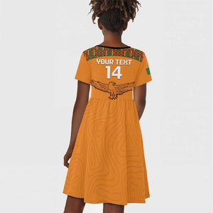 Custom Zambia Football Kid Short Sleeve Dress Copper Queens Kente Pattern