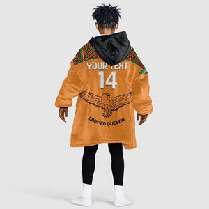 Custom Zambia Football KId Wearable Blanket Hoodie Copper Queens Kente Pattern