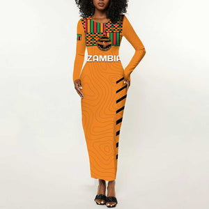 Custom Zambia Football Long Sleeve Bodycon Dress Copper Queens Kente Pattern