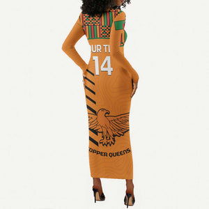 Custom Zambia Football Long Sleeve Bodycon Dress Copper Queens Kente Pattern