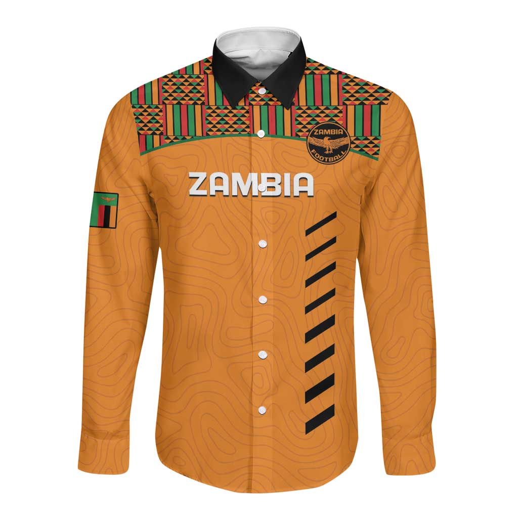 Custom Zambia Football Long Sleeve Button Shirt Copper Queens Kente Pattern