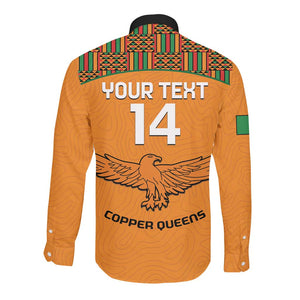 Custom Zambia Football Long Sleeve Button Shirt Copper Queens Kente Pattern