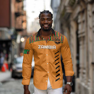 Custom Zambia Football Long Sleeve Button Shirt Copper Queens Kente Pattern