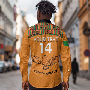 Custom Zambia Football Long Sleeve Button Shirt Copper Queens Kente Pattern