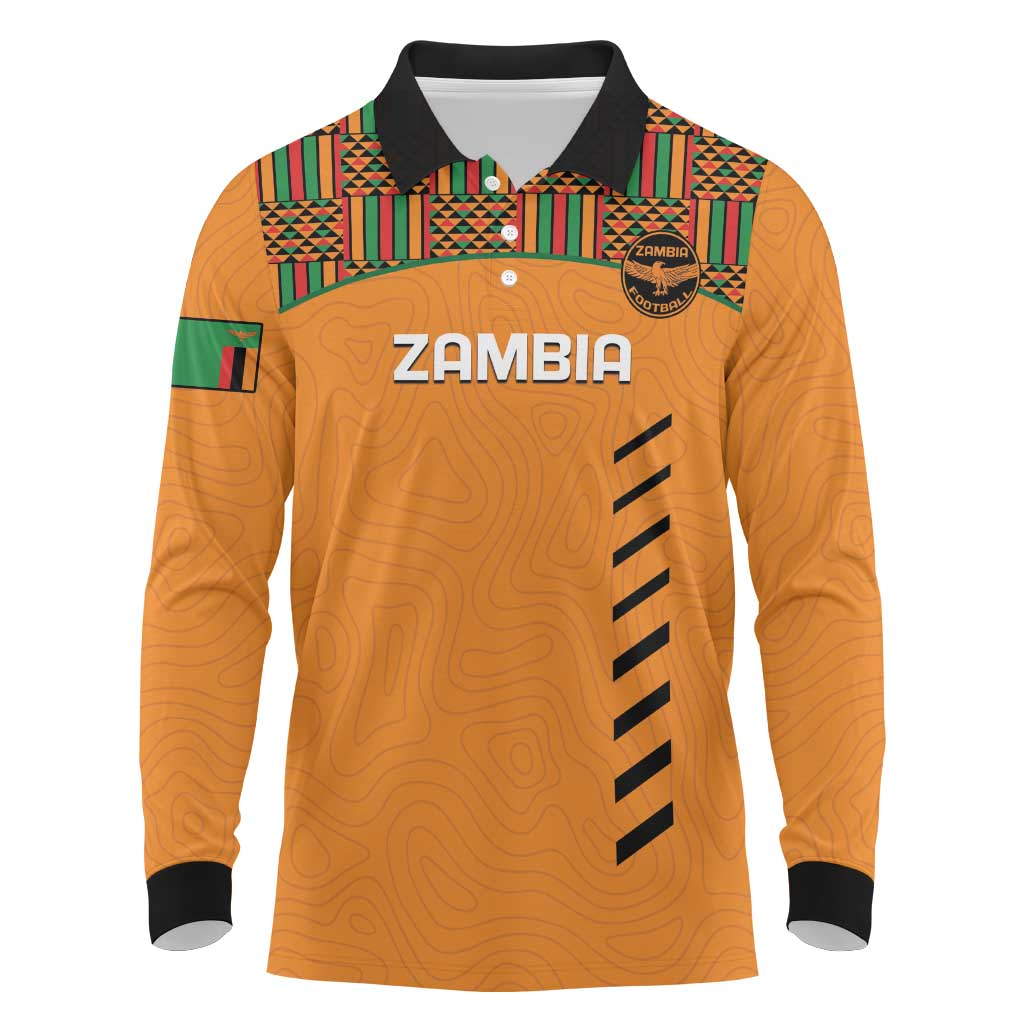 Custom Zambia Football Long Sleeve Polo Shirt Copper Queens Kente Pattern