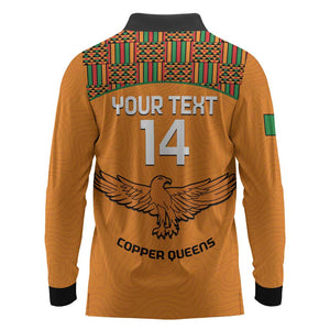 Custom Zambia Football Long Sleeve Polo Shirt Copper Queens Kente Pattern