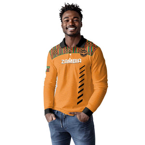 Custom Zambia Football Long Sleeve Polo Shirt Copper Queens Kente Pattern