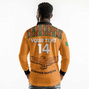 Custom Zambia Football Long Sleeve Polo Shirt Copper Queens Kente Pattern