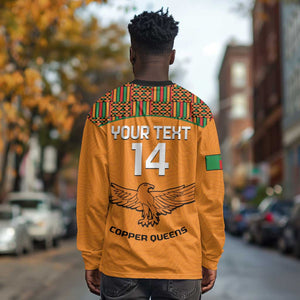 Custom Zambia Football Long Sleeve Shirt Copper Queens Kente Pattern LT14