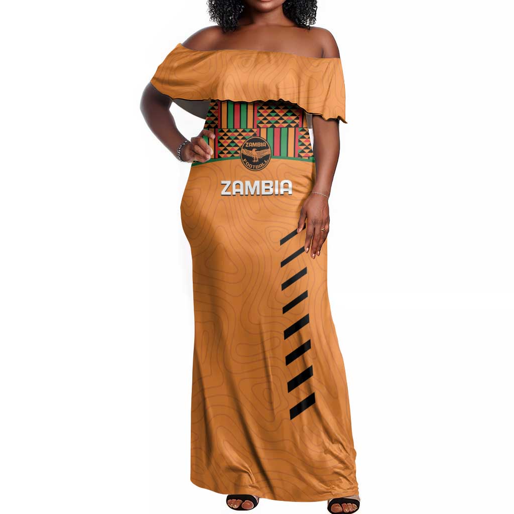 Custom Zambia Football Off Shoulder Maxi Dress Copper Queens Kente Pattern