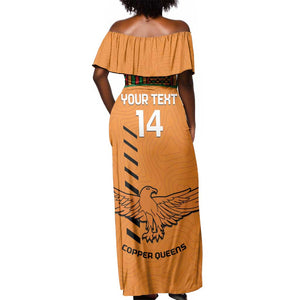 Custom Zambia Football Off Shoulder Maxi Dress Copper Queens Kente Pattern