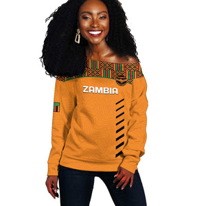 Custom Zambia Football Off Shoulder Sweater Copper Queens Kente Pattern