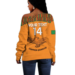 Custom Zambia Football Off Shoulder Sweater Copper Queens Kente Pattern