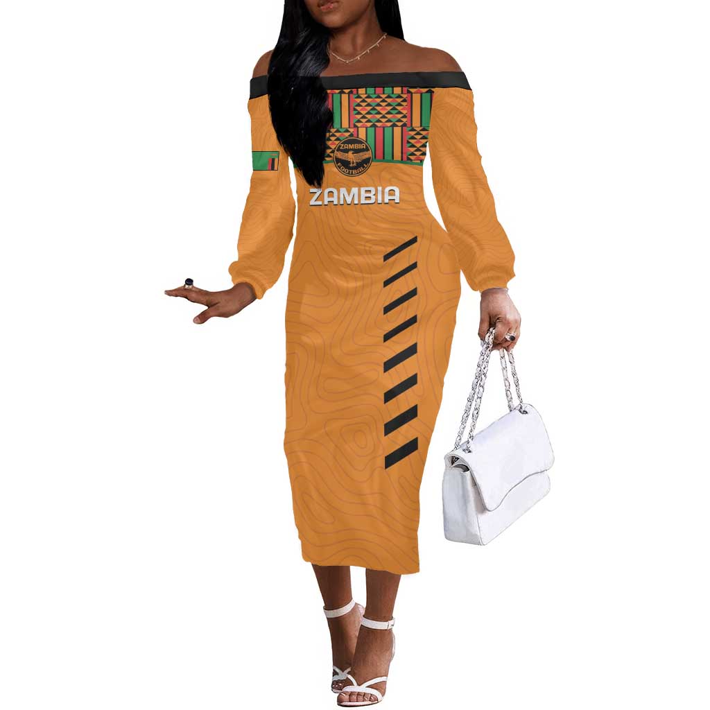 Custom Zambia Football Off The Shoulder Long Sleeve Dress Copper Queens Kente Pattern