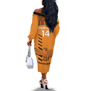 Custom Zambia Football Off The Shoulder Long Sleeve Dress Copper Queens Kente Pattern