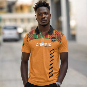 Custom Zambia Football Polo Shirt Copper Queens Kente Pattern