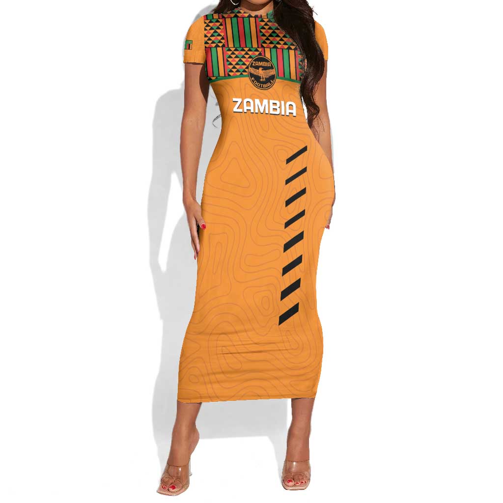 Custom Zambia Football Short Sleeve Bodycon Dress Copper Queens Kente Pattern