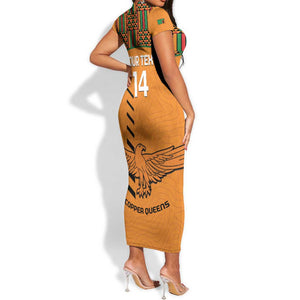 Custom Zambia Football Short Sleeve Bodycon Dress Copper Queens Kente Pattern