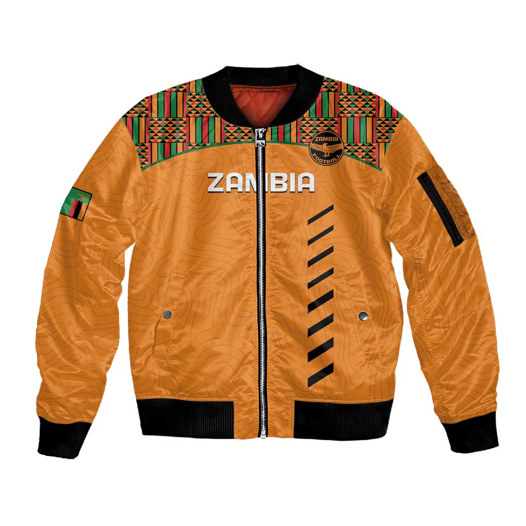 Custom Zambia Football Sleeve Zip Bomber Jacket Copper Queens Kente Pattern