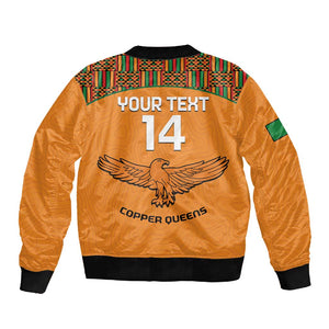 Custom Zambia Football Sleeve Zip Bomber Jacket Copper Queens Kente Pattern