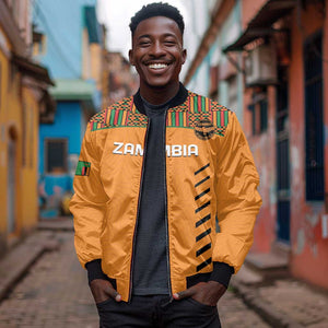 Custom Zambia Football Sleeve Zip Bomber Jacket Copper Queens Kente Pattern