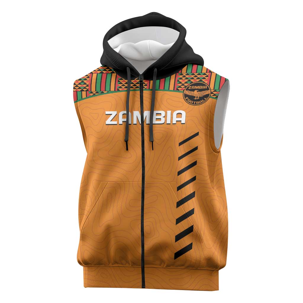 Custom Zambia Football Sleeveless Zip Hoodie Copper Queens Kente Pattern - African Pride