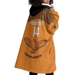 Custom Zambia Football Wearable Blanket Hoodie Copper Queens Kente Pattern