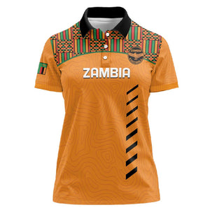 Custom Zambia Football Women Polo Shirt Copper Queens Kente Pattern