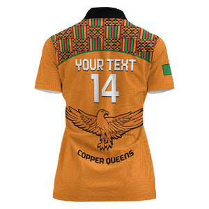 Custom Zambia Football Women Polo Shirt Copper Queens Kente Pattern