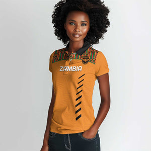 Custom Zambia Football Women Polo Shirt Copper Queens Kente Pattern