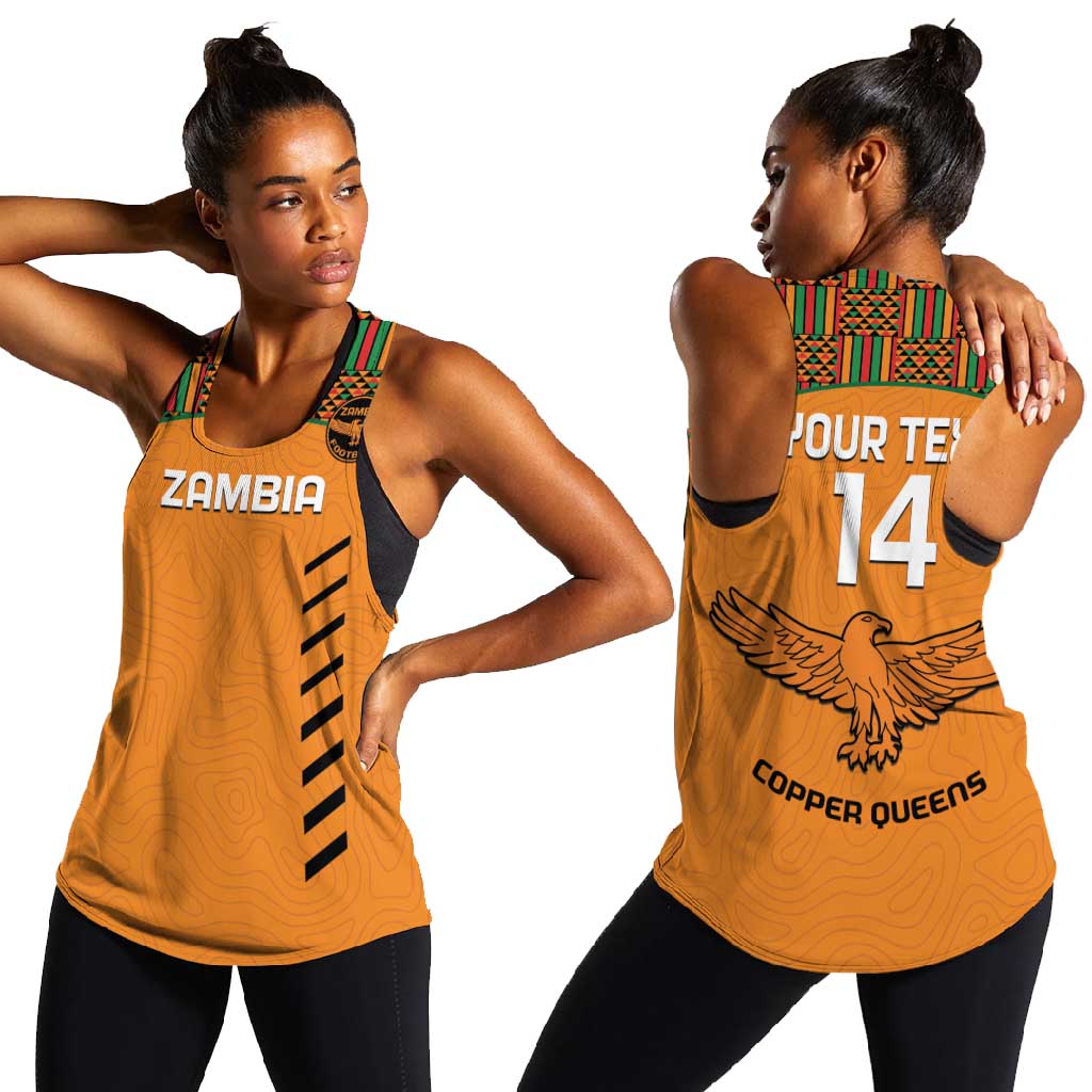 Custom Zambia Football Women Racerback Tank Copper Queens Kente Pattern