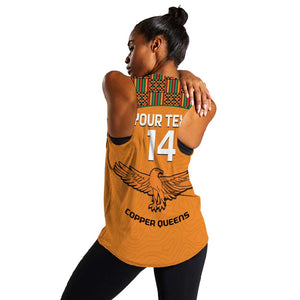 Custom Zambia Football Women Racerback Tank Copper Queens Kente Pattern