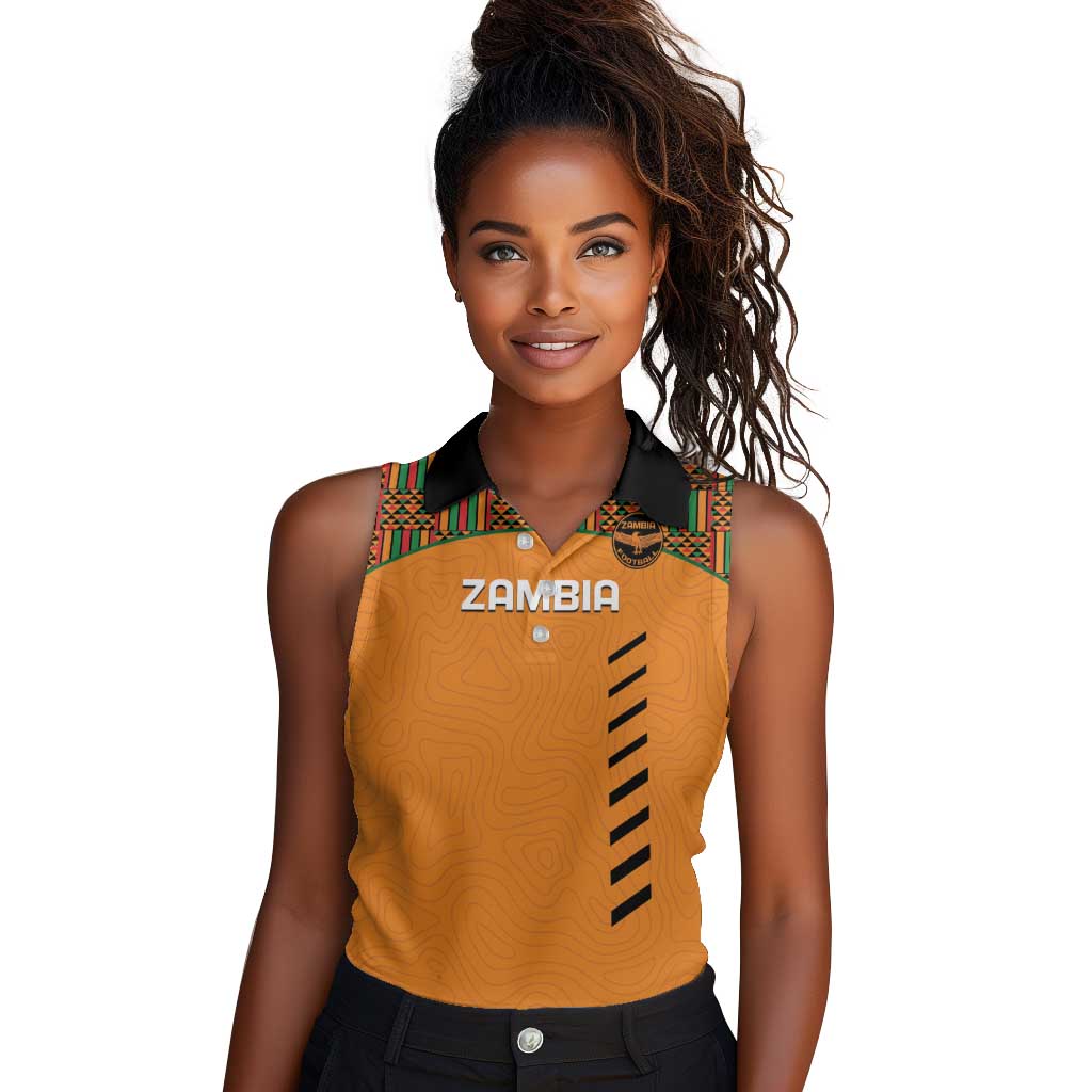 Custom Zambia Football Women Sleeveless Polo Shirt Copper Queens Kente Pattern