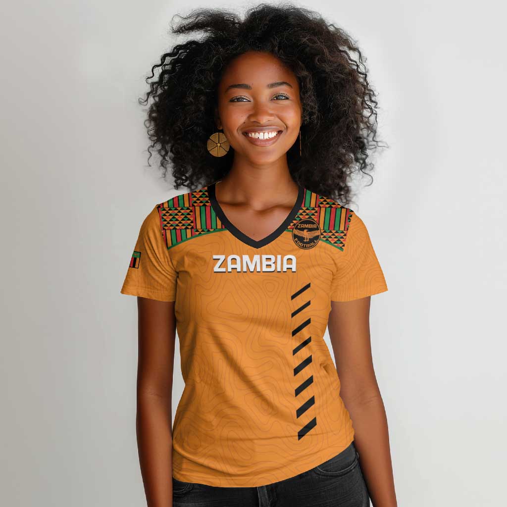 Custom Zambia Football Women V-Neck T-Shirt Copper Queens Kente Pattern