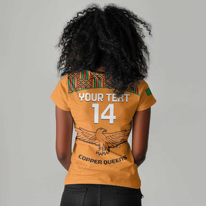 Custom Zambia Football Women V-Neck T-Shirt Copper Queens Kente Pattern