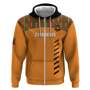 Custom Zambia Football Zip Hoodie Copper Queens Kente Pattern