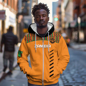 Custom Zambia Football Zip Hoodie Copper Queens Kente Pattern