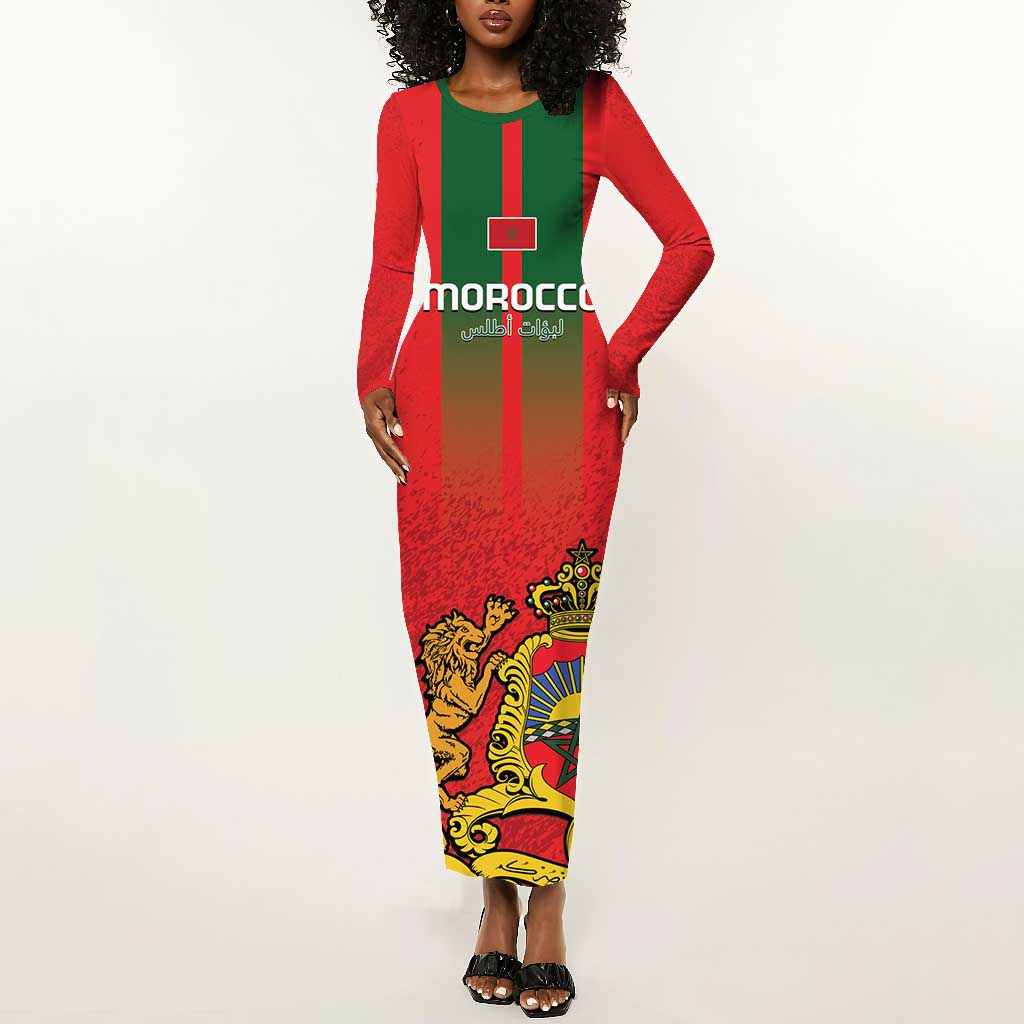 Custom Morocco Football Long Sleeve Bodycon Dress Go Lionesses of Atlas LT14