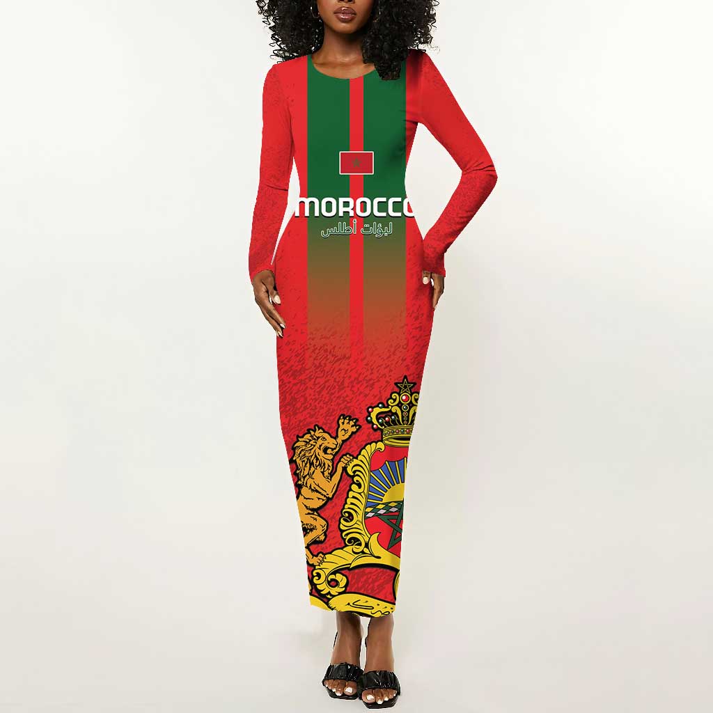 Custom Morocco Football Long Sleeve Bodycon Dress Go Lionesses of Atlas