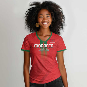 Custom Morocco Football Women V-Neck T-Shirt Go Lionesses of Atlas