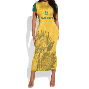 Custom South Africa Soccer Short Sleeve Bodycon Dress Go Banyana Banyana Proteas