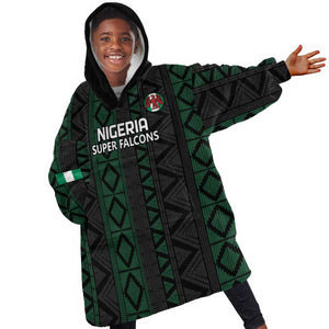 Custom Nigeria Football KId Wearable Blanket Hoodie Go Super Falcons African Pattern